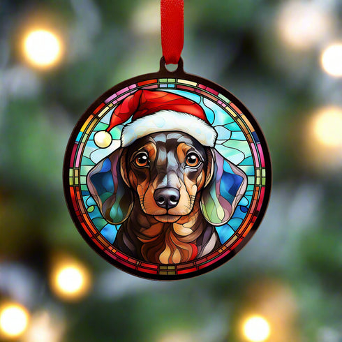 Dachshund Dapple in Santa Hat Suncatcher Decoration